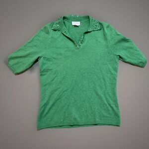 Cashmere Couture Green‎ Beaded Collar Top Short Sleeve Sweater Large